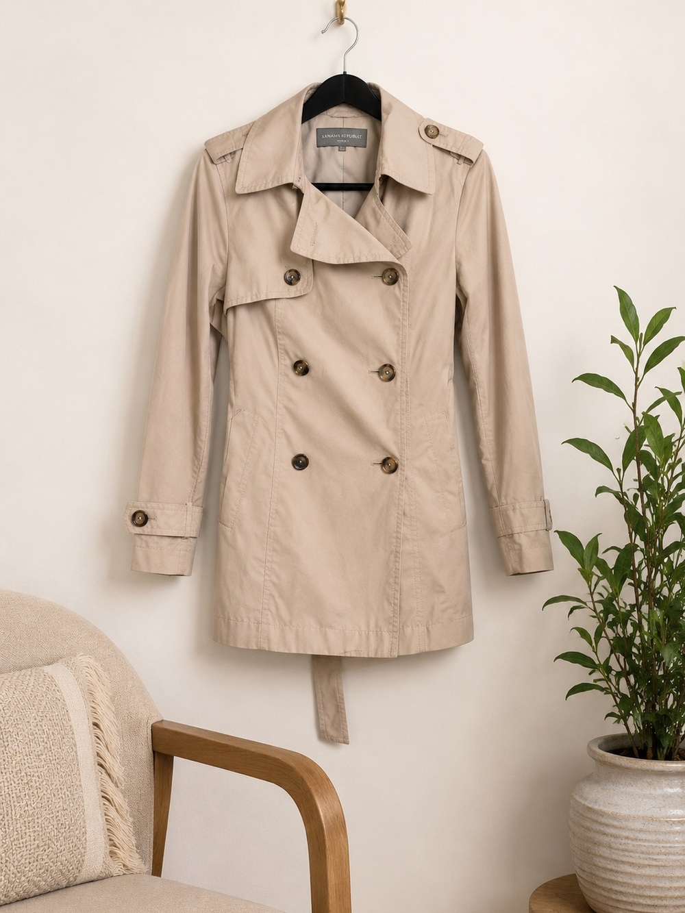 Anne Klein Tan Dbl Breasted‎ Trench Coat Belted 3/4 Length Sz M Normcore Neutral